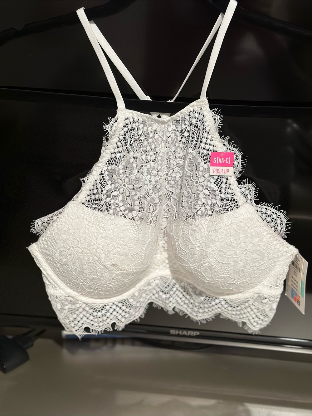 Mango White Lace Push-Up Bralette with High Neck Detail